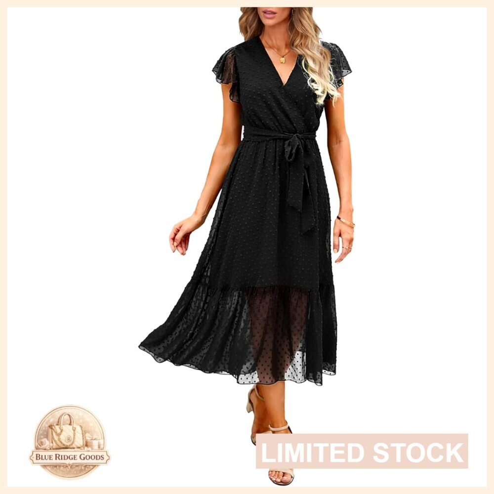 Bohemian Floral Midi Dress V Neck Ruffle Sleeveless A-Line Pleated Hem Casual